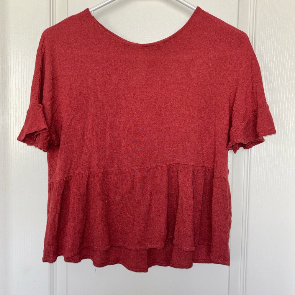 Good Luck Gem Red Short Sleeve Ruffle Peplum Tee
